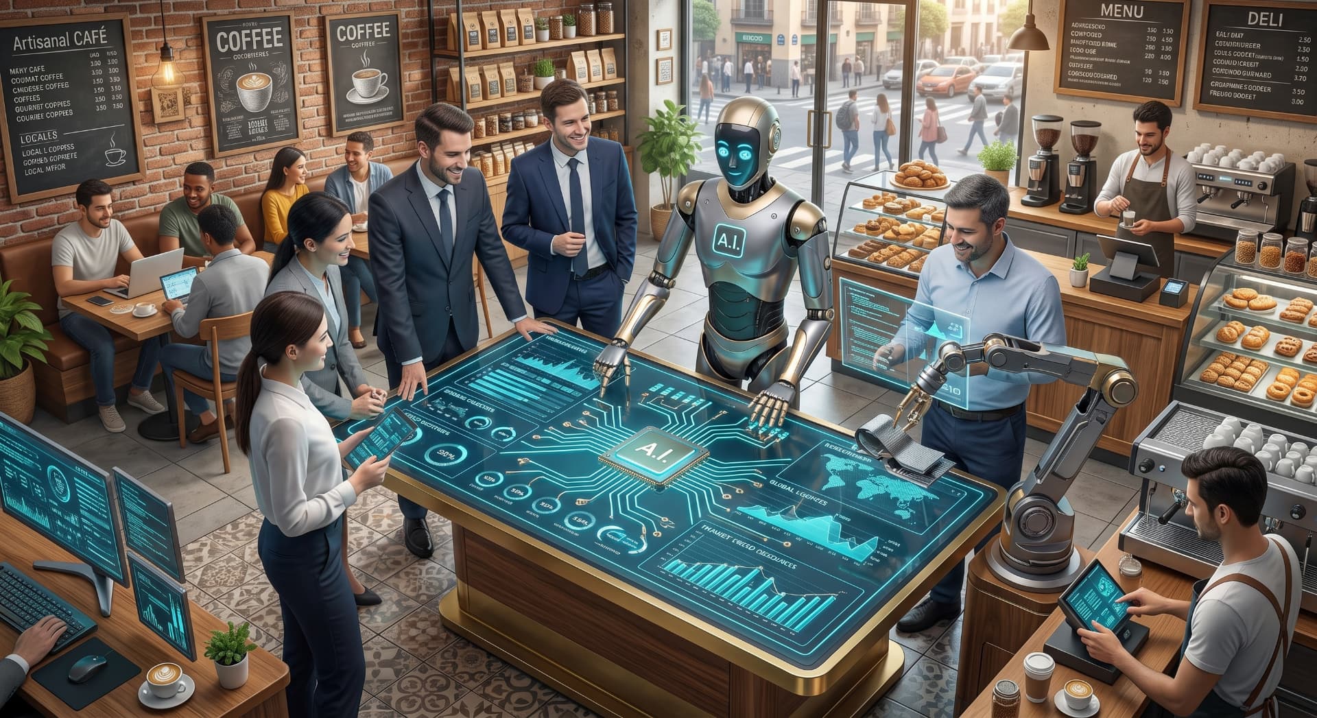 AI-powered team collaborating with holographic business data interfaces